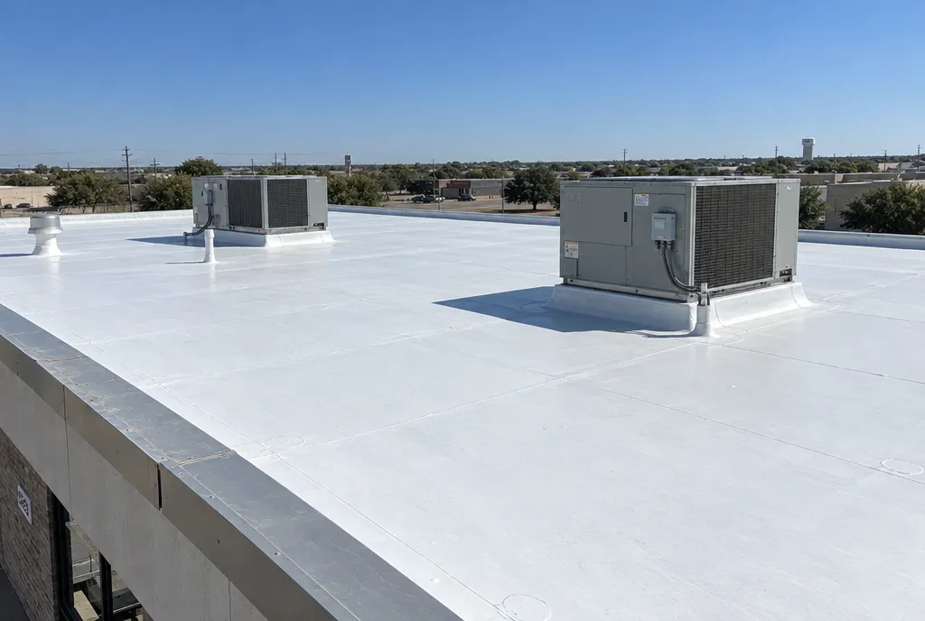 After: the same low-slope roof covered in a new white membrane.