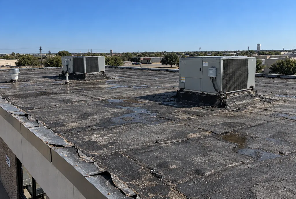 Before: a worn, patched flat commercial roof.