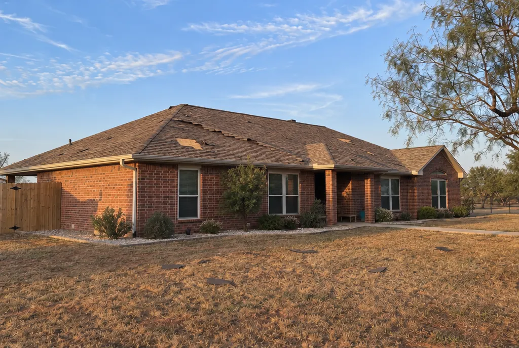 Before: a ranch house roof with wind-lifted and missing shingles.