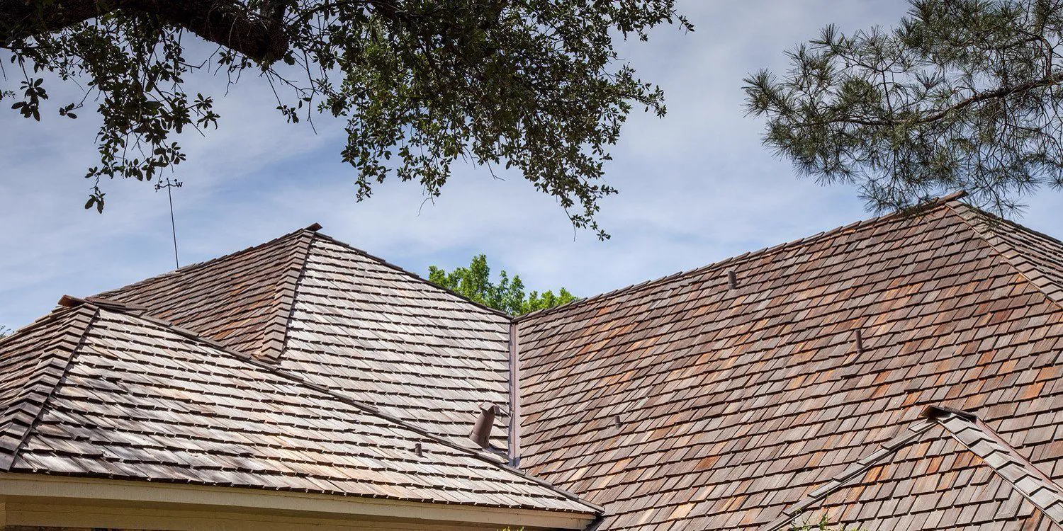 Wide view of a weathered wood shake roof under live oaks.